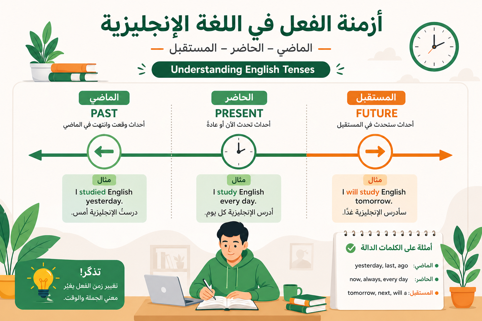 شرح الأزمنة وتكوين الأسئلة والنفي في اللغة الإنجليزية